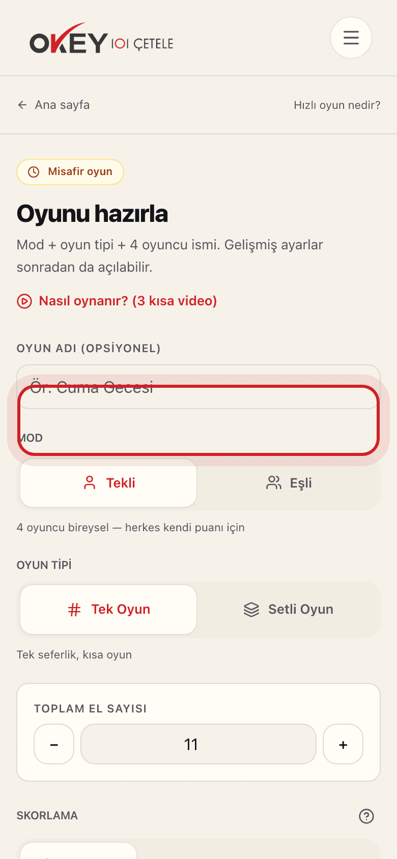 Hızlı oyun kurulum ekranı — mod ve oyun tipi seçimi