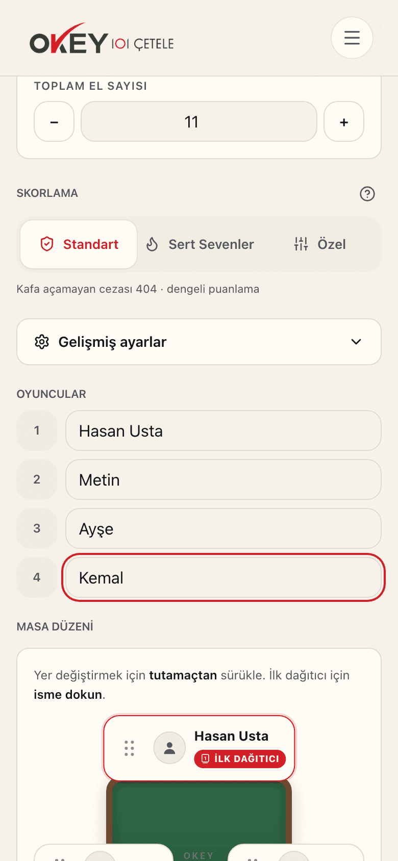 Dört oyuncu adının girildiği alan