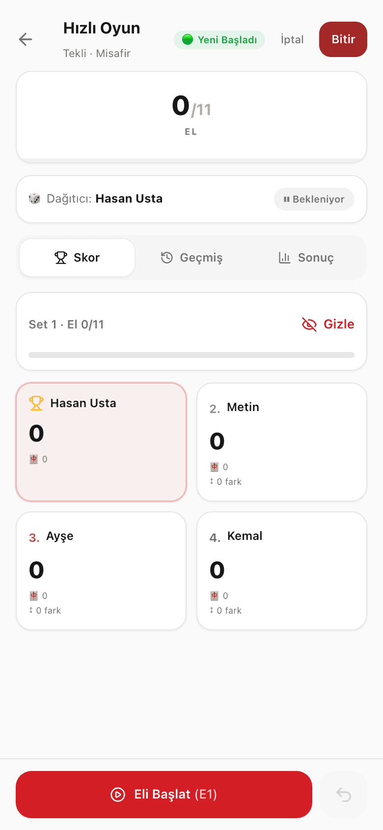 Hızlı oyun çetele ekranı