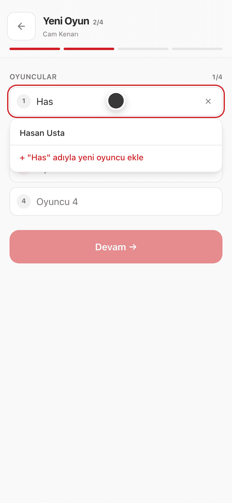 Oyuncu ekleme — yazarken kayıtlı müşteri listede beliriyor, altında yeni oyuncu ekle seçeneği