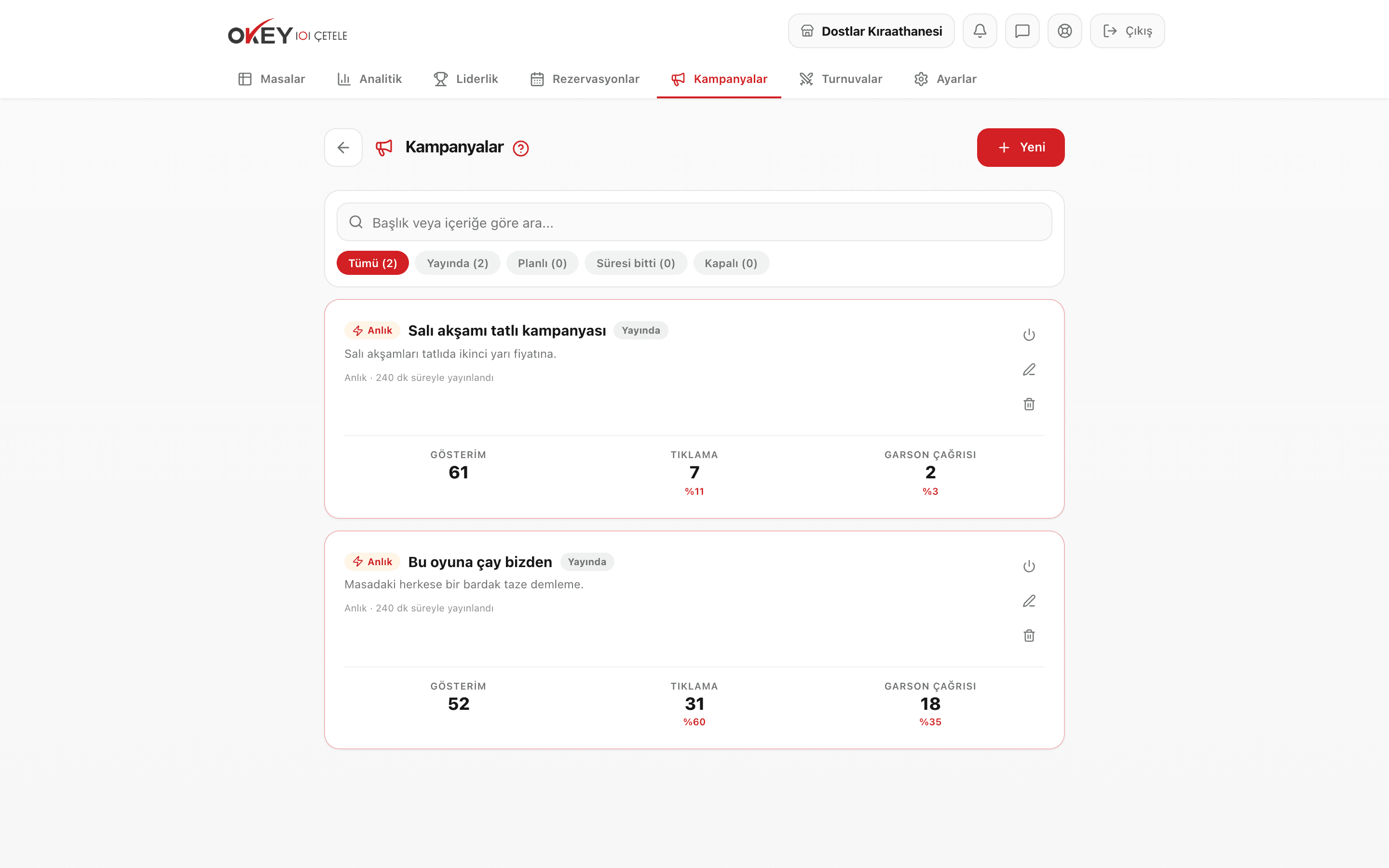 Kampanya listesi ve huni satırları