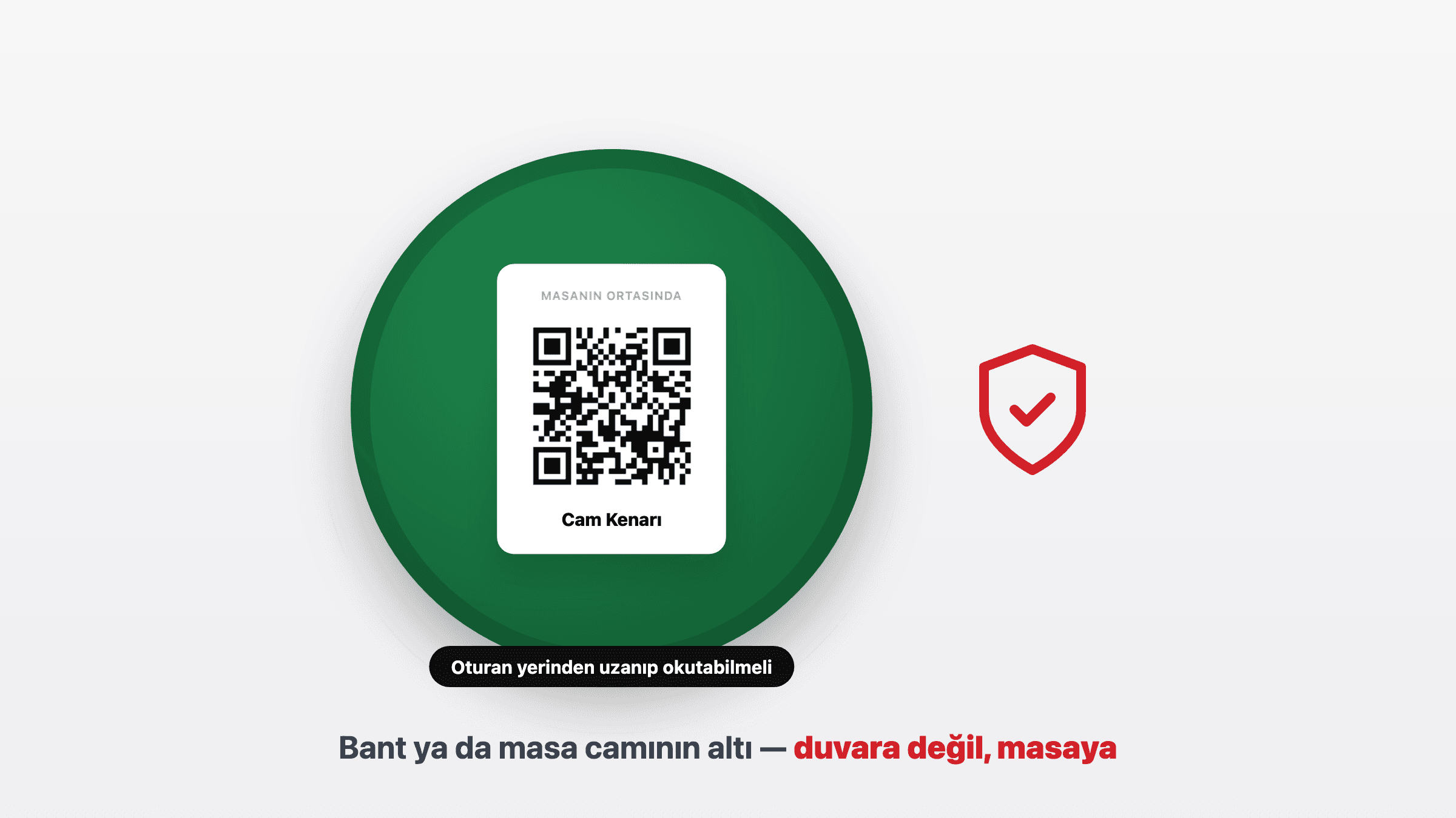 Masaya sabitle — kart masanın ortasında, oturan yerinden uzanıp okutabilmeli