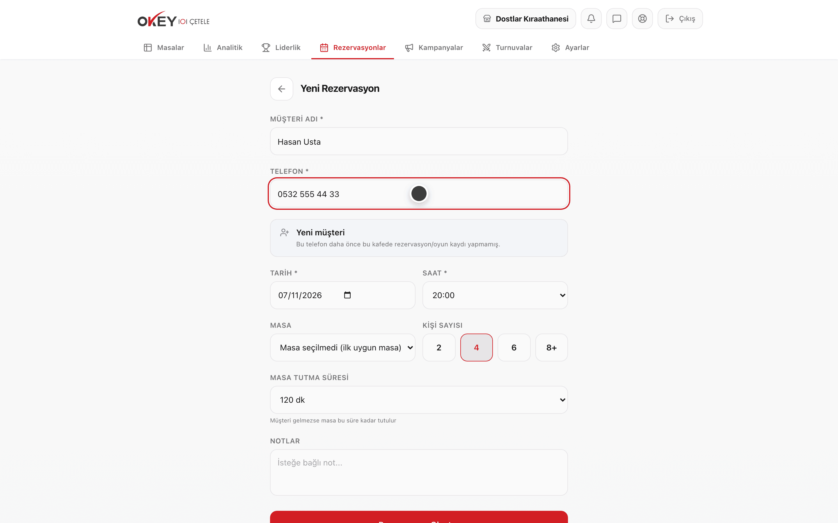 Yeni rezervasyon formu — ad, telefon ve tarih dolu