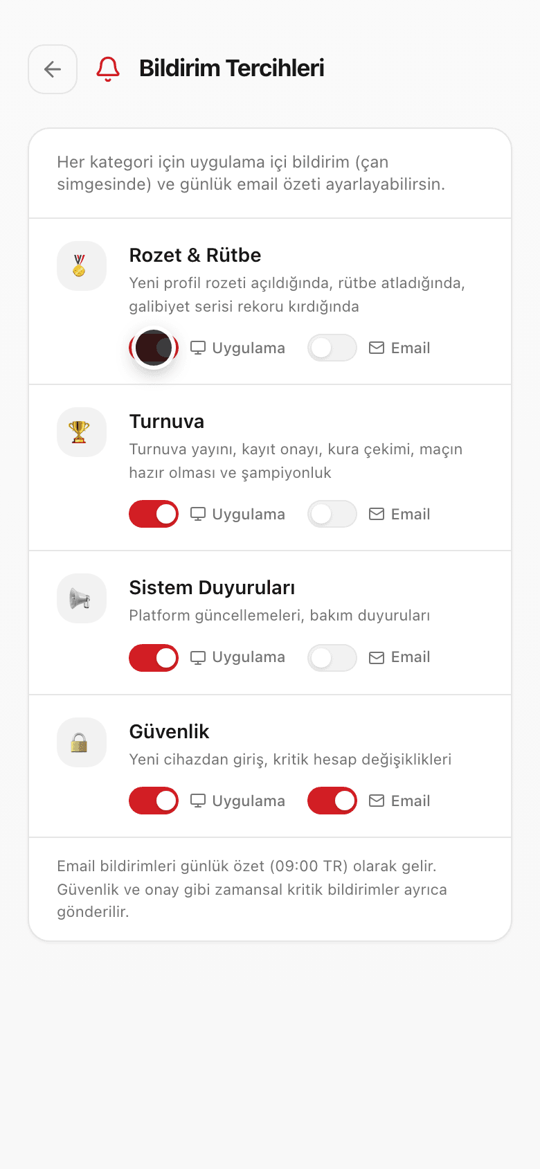 Uygulama içi ve e-posta anahtarları yan yana