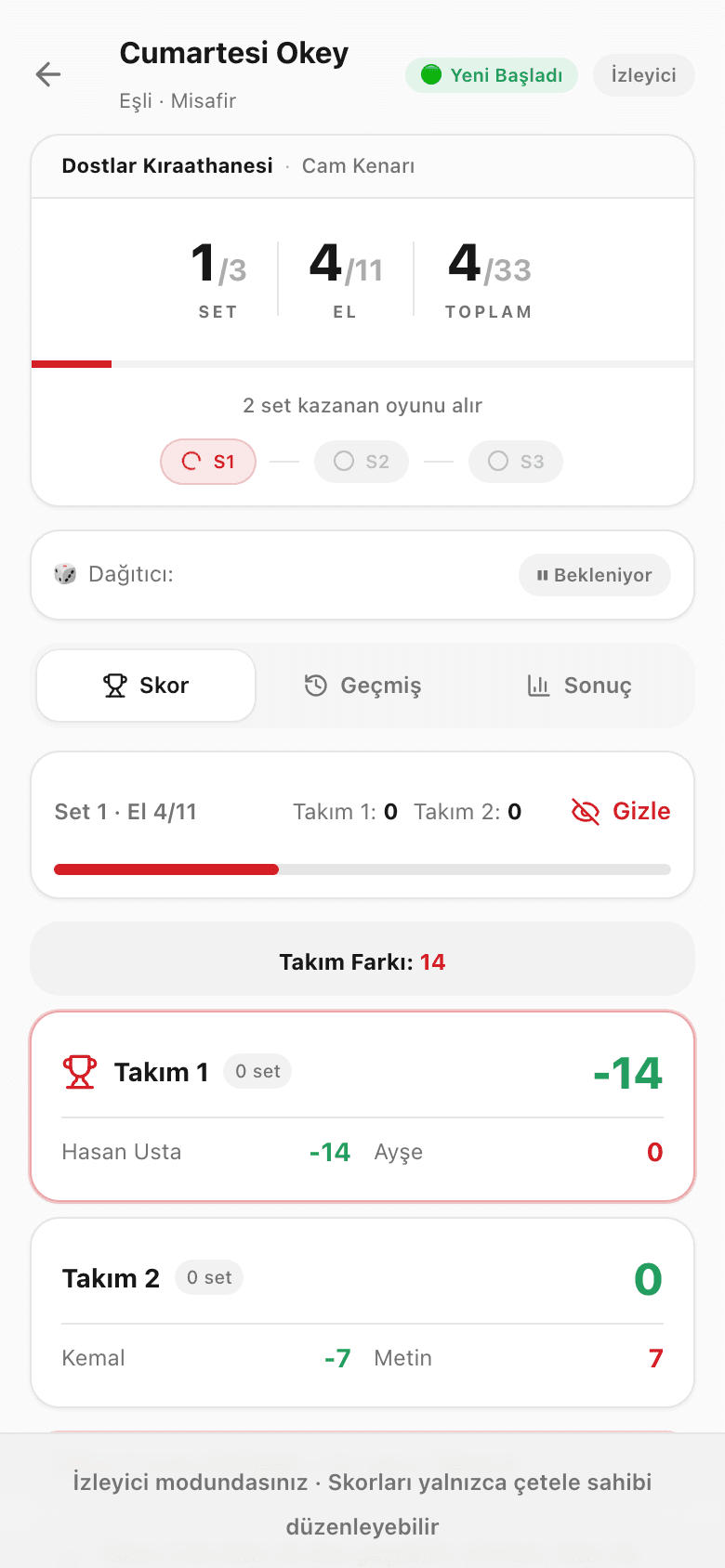 Canlı oyun skor ekranı
