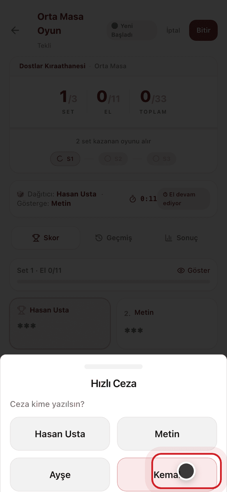 Hızlı Ceza — ceza kime yazılsın ekranında dört oyuncu