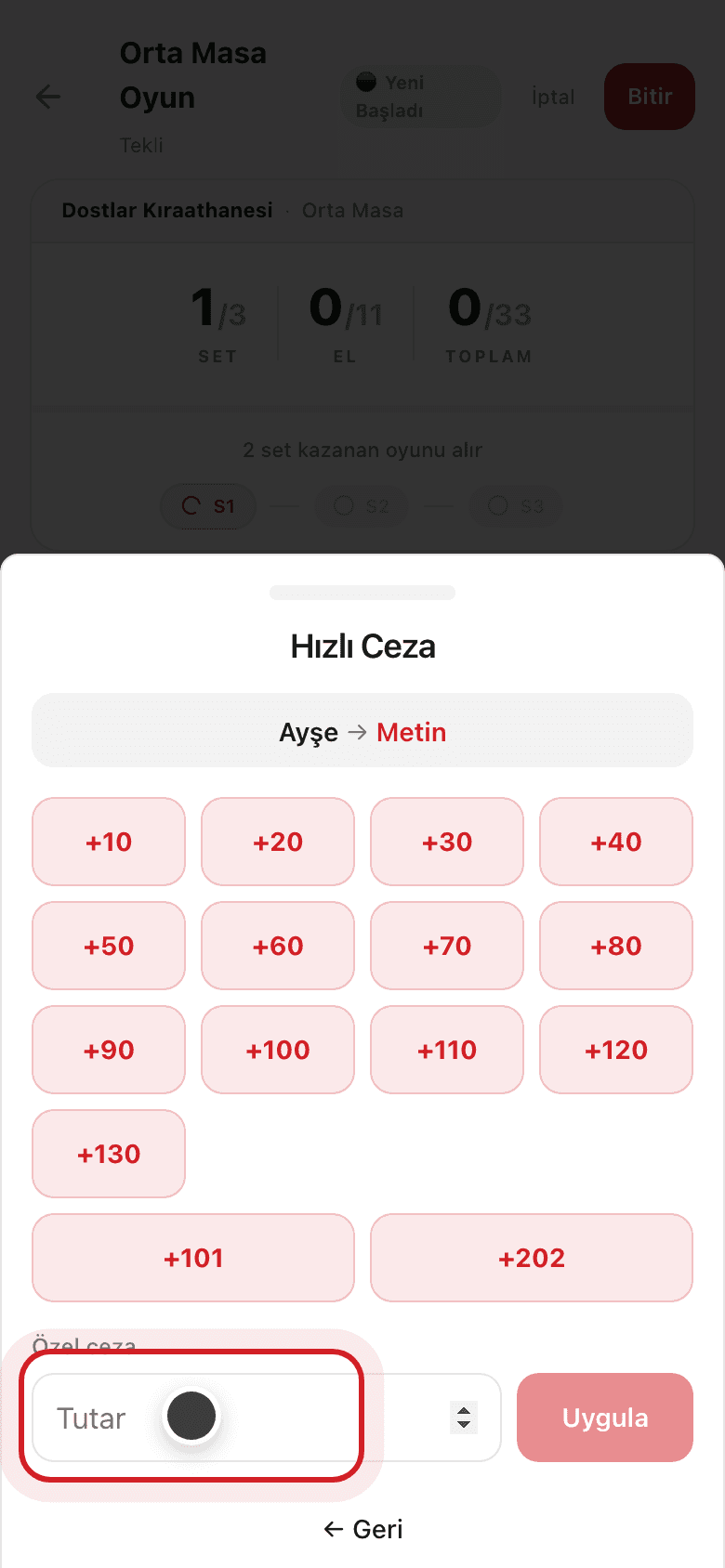 Ceza puanı seçimi ve Uygula butonu