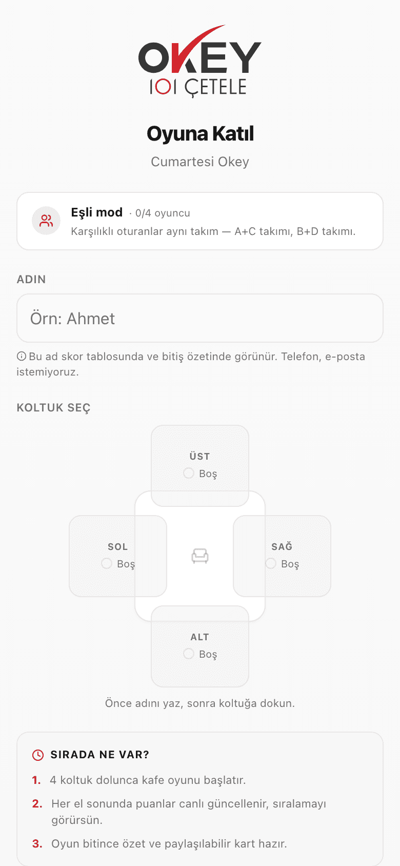 Katılım ekranı — ad ve koltuk