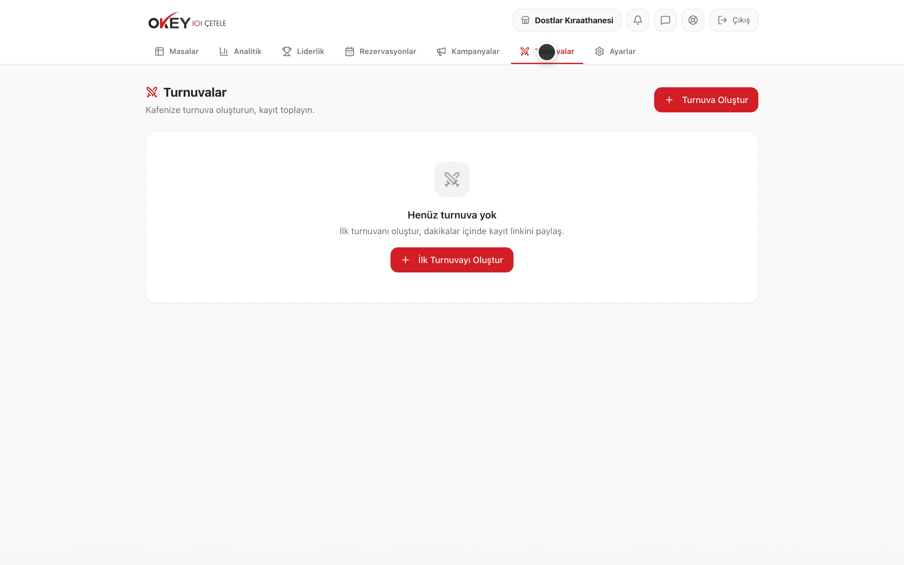 Turnuvalar ekranı ve Turnuva Oluştur butonu
