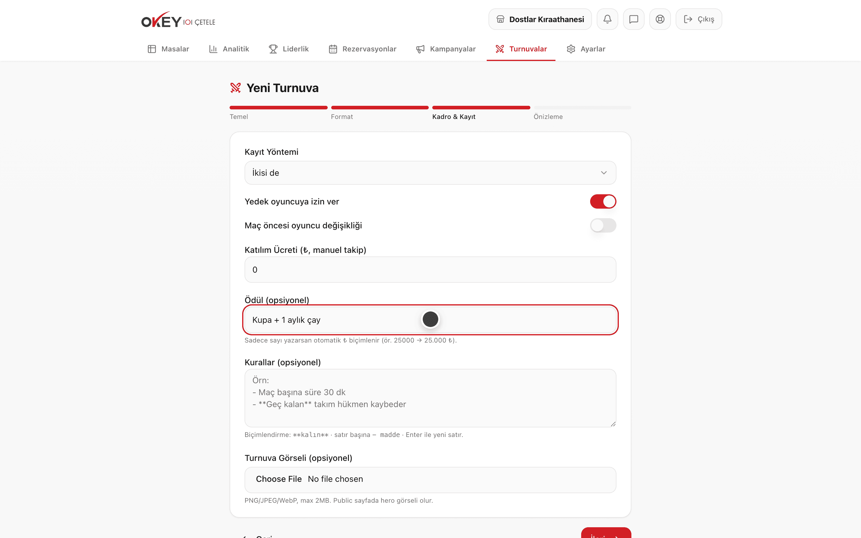 Turnuva oluşturma formu — ad, tarih ve ödül alanları dolu