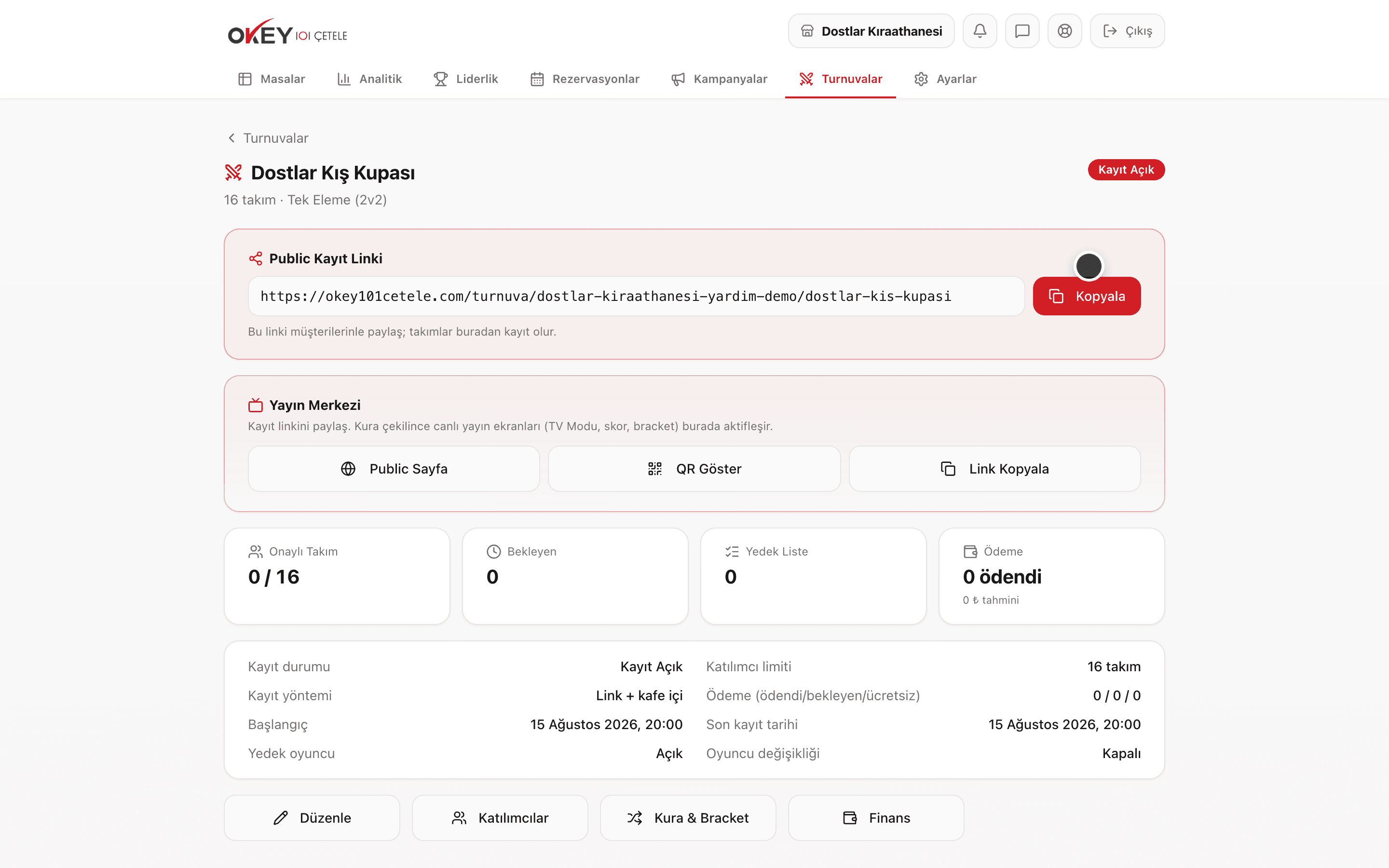 Turnuva detay ekranı — yayınlama ve kayıt linki