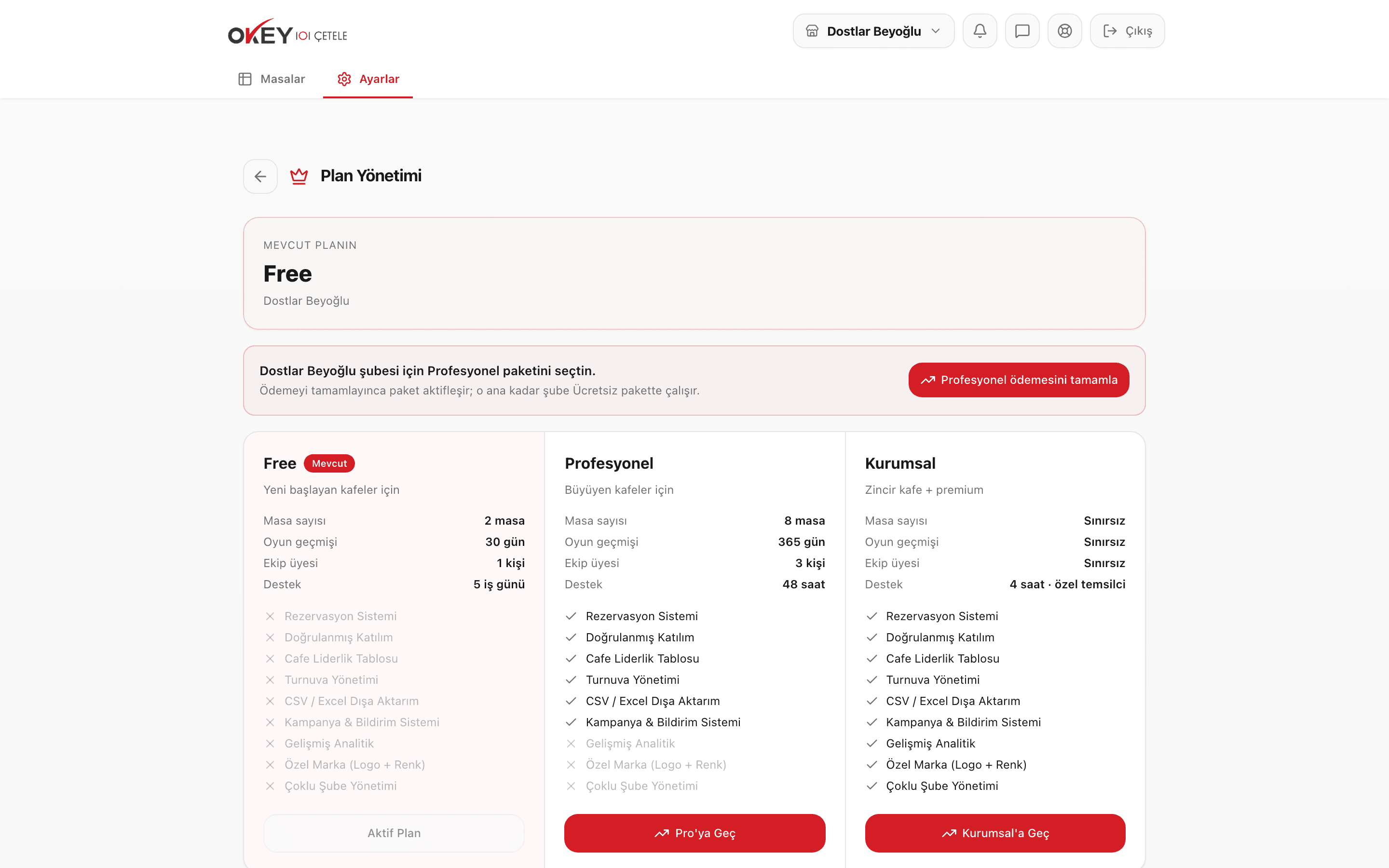Plan Yönetimi — paketler ve ödeme düğmesi