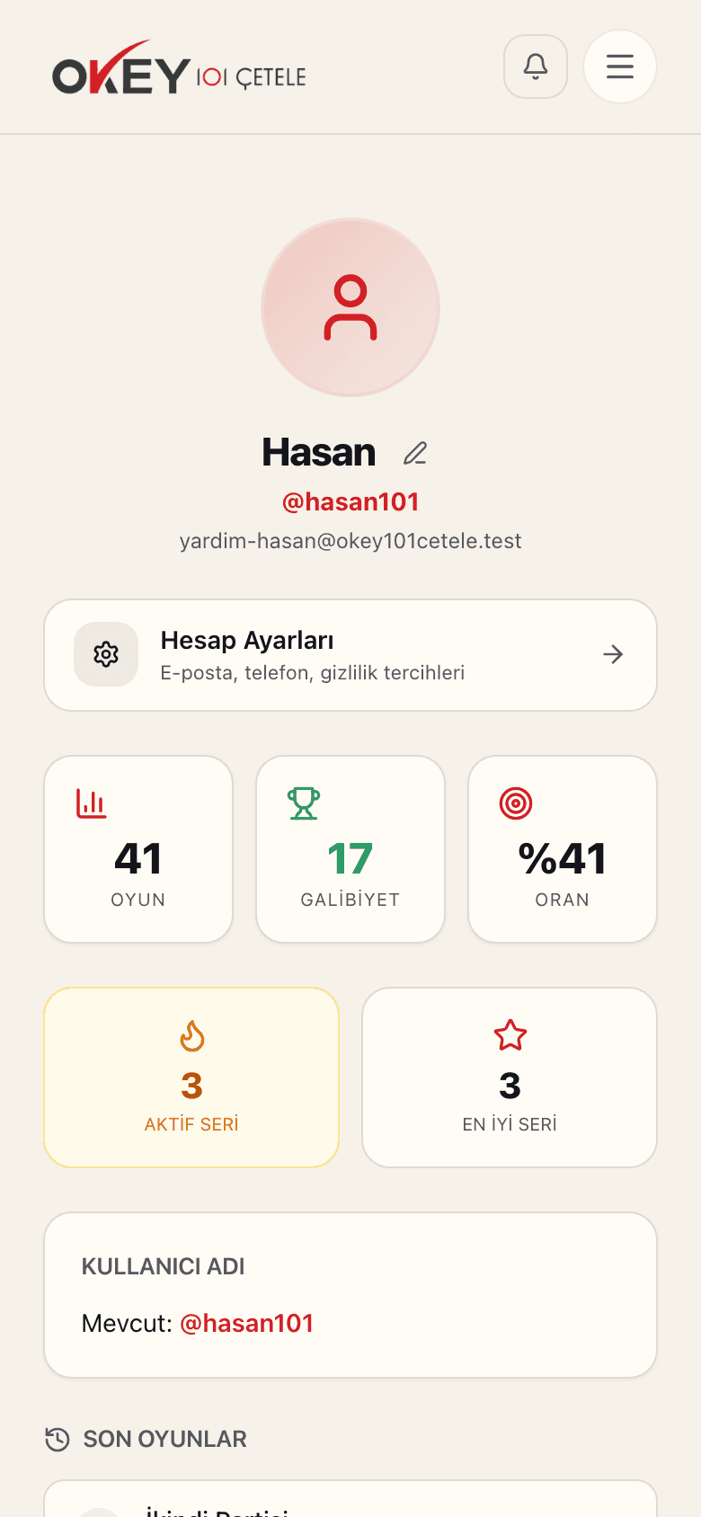 Profil özeti — oyun, galibiyet, oran