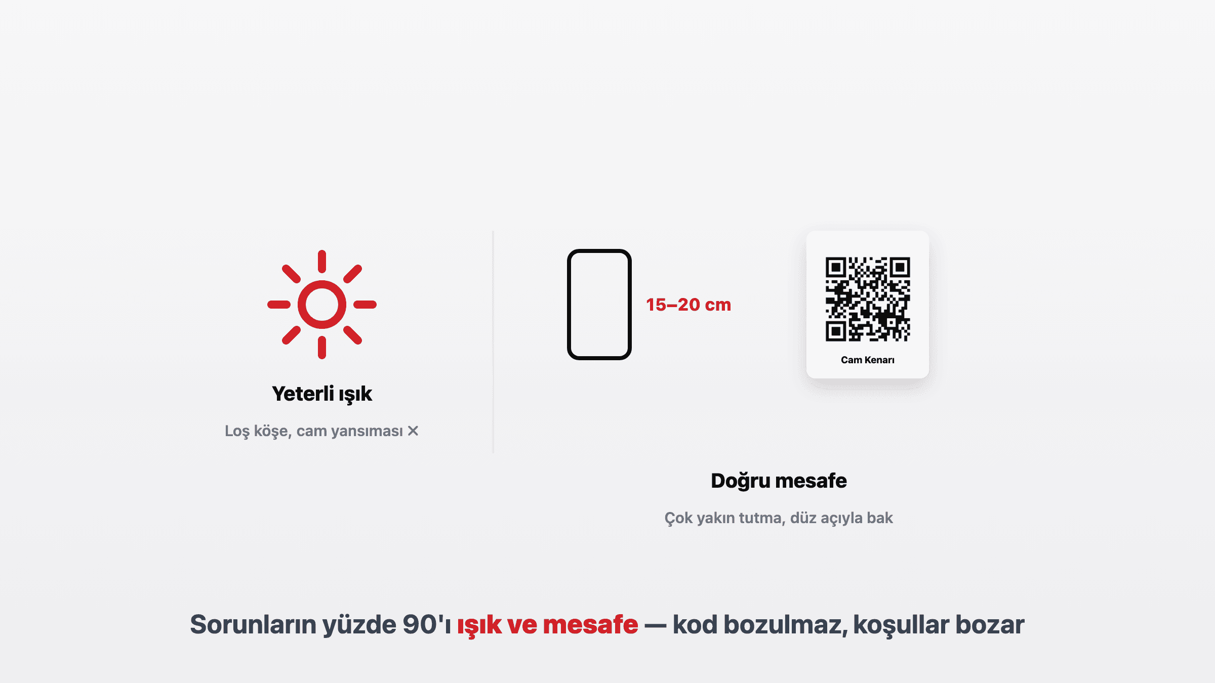Doğru okutma: 15-20 cm mesafe, yeterli ışık, düz açı