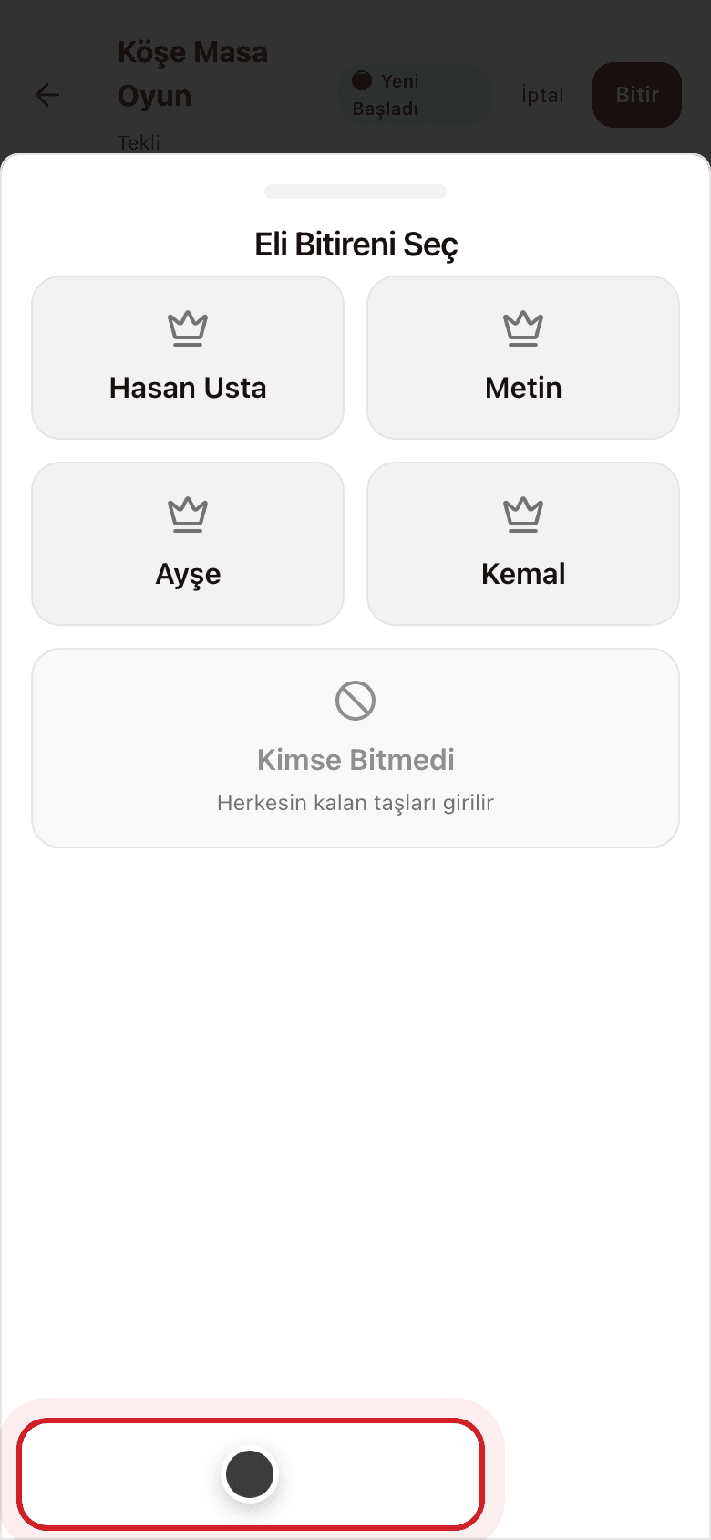 Eli Bitireni Seç ekranı — dört oyuncudan kazanan seçiliyor
