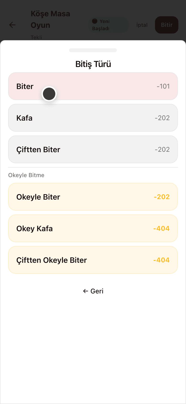 Bitiş türü seçim ekranı — Biter, Kafa, Çiftten Biter ve okeyli bitişler puanlarıyla