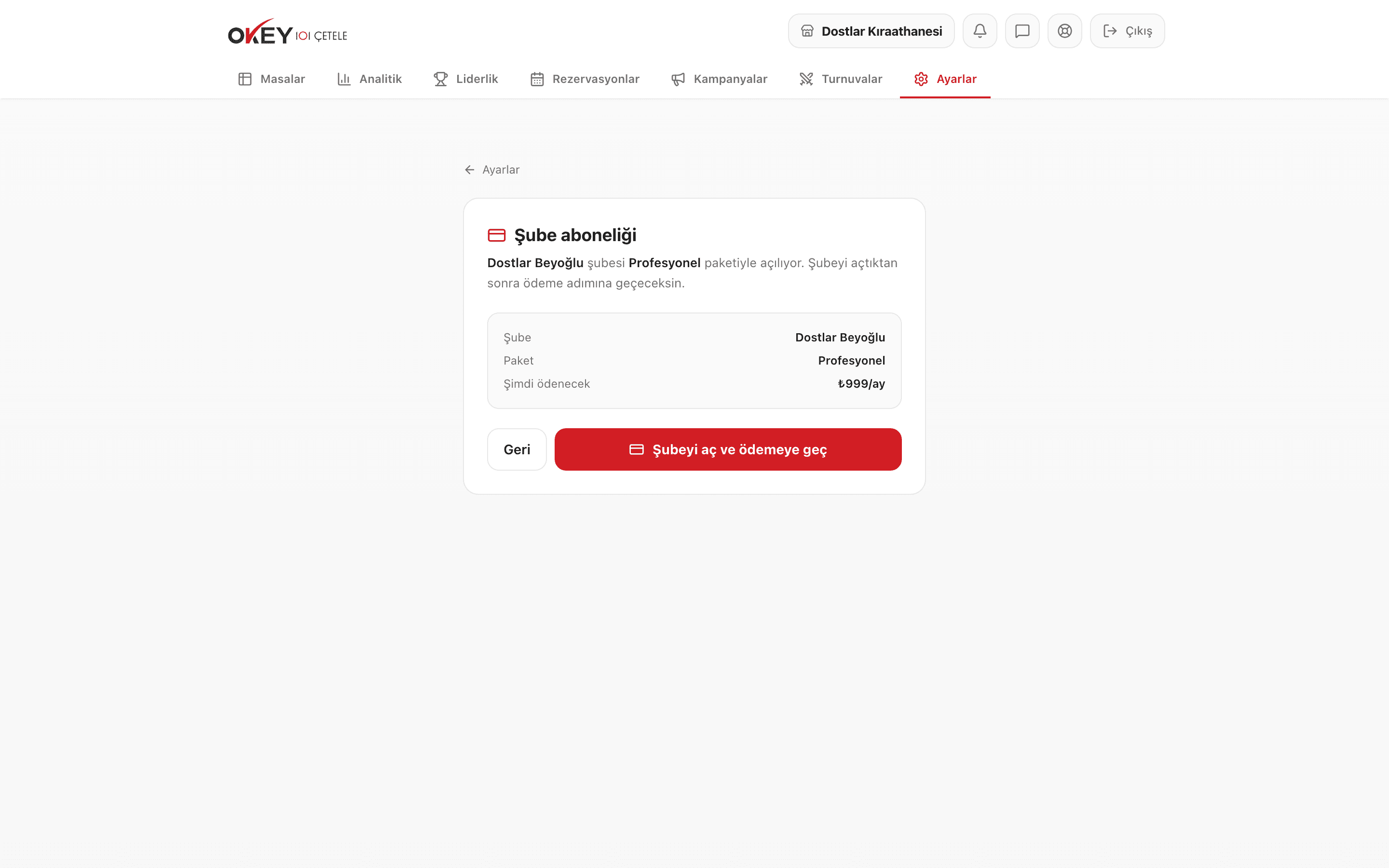 Onay ekranı — şube, paket ve aylık tutar