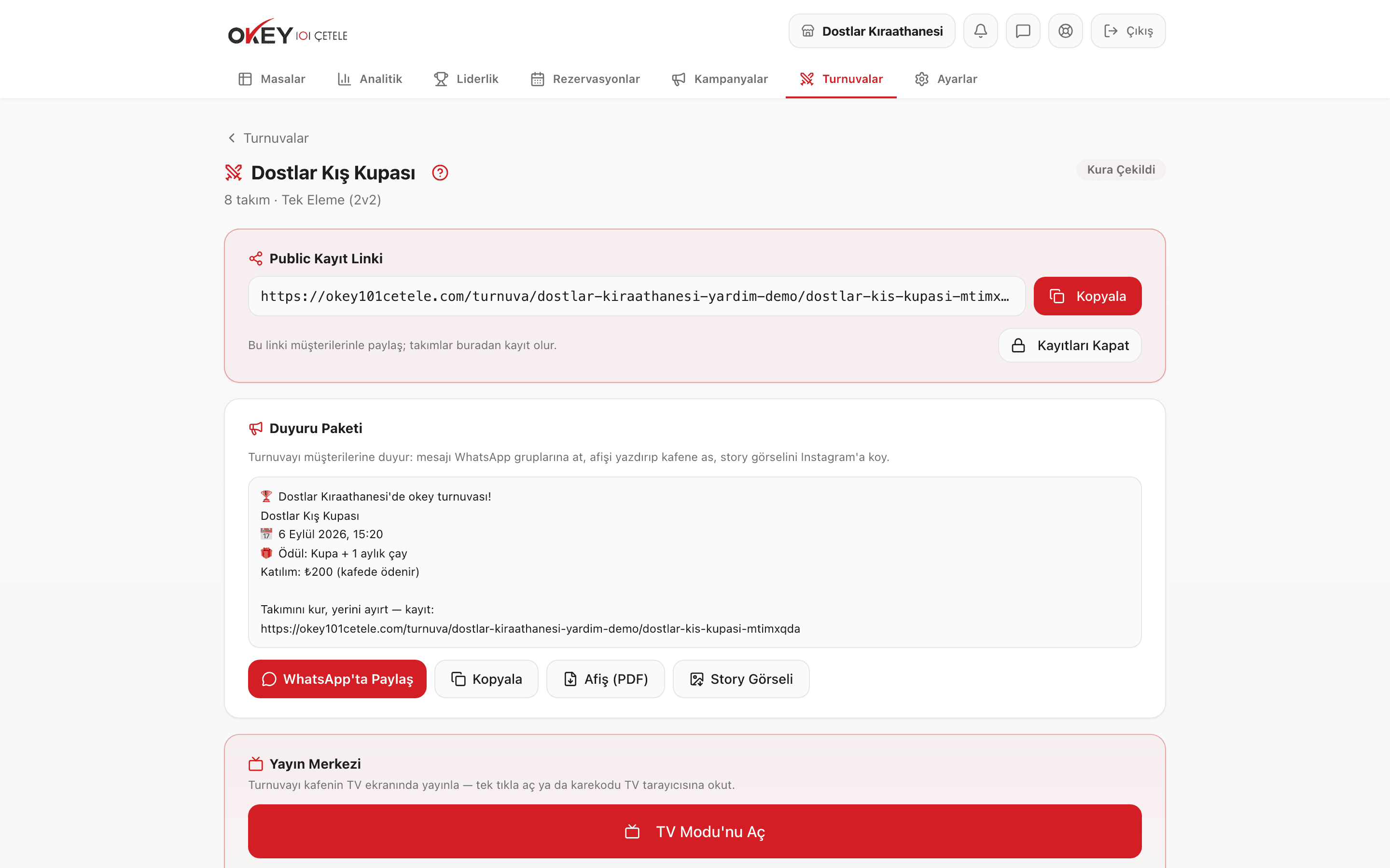 Yayın Merkezi kartı ve TV linki