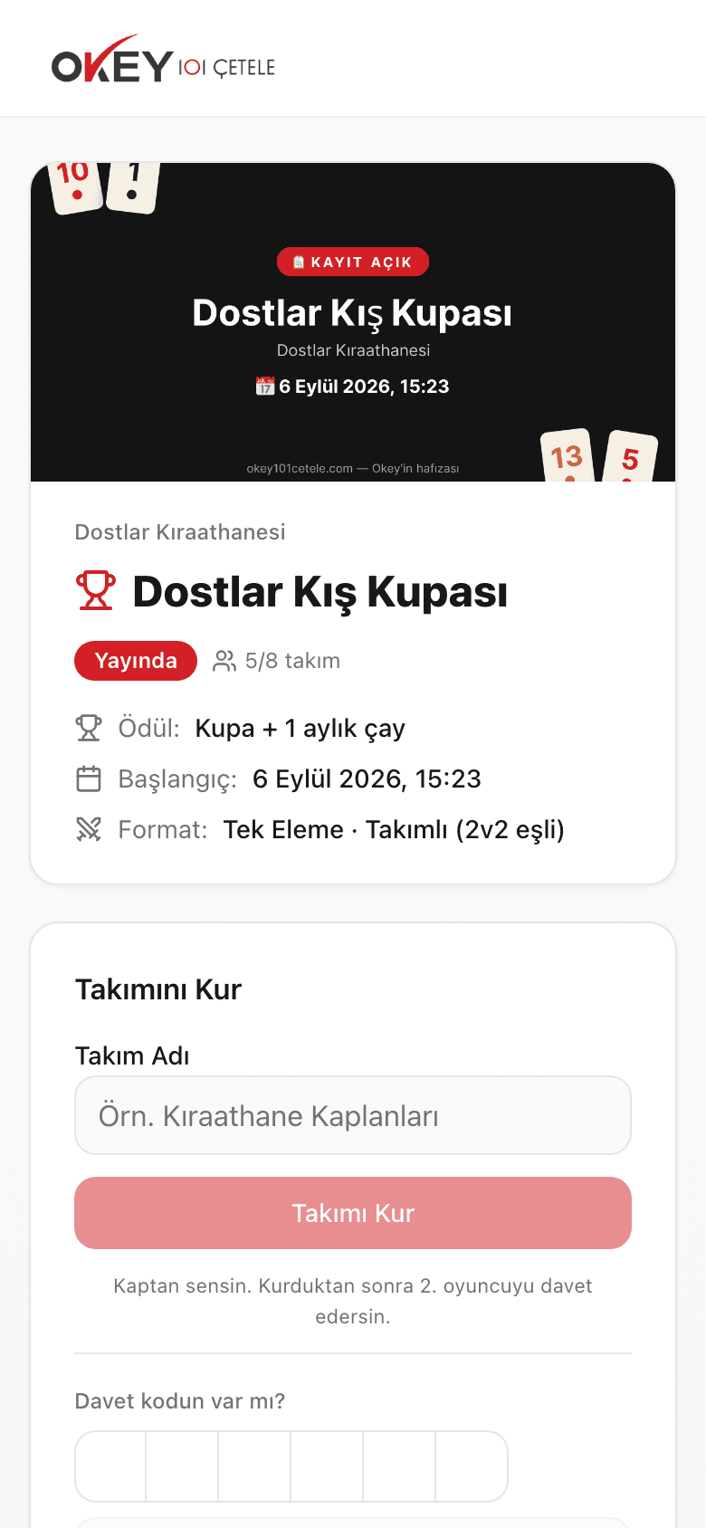Takım kurma ve davet kodu alanı