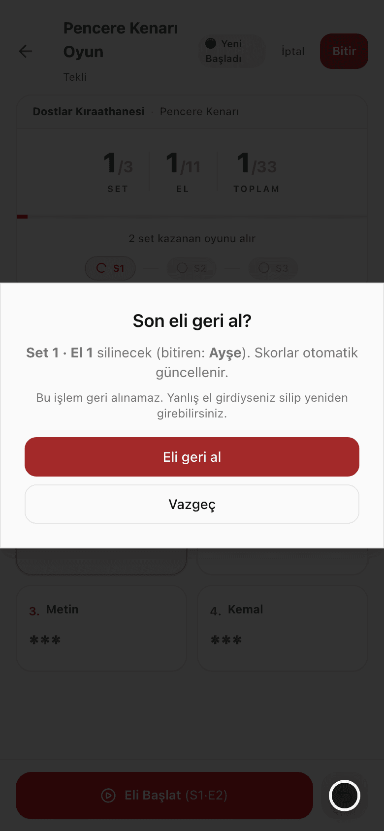 Geri alma onay ekranı