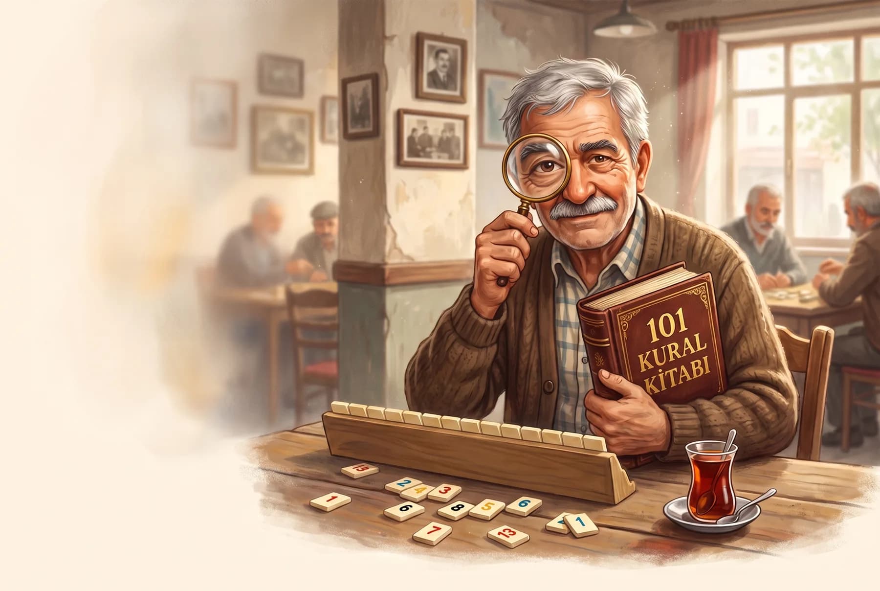 Kural Abisi: elinde 101 Kural Kitabı ve büyüteç olan okey ustası; masada okey taşları, ıstaka ve çay