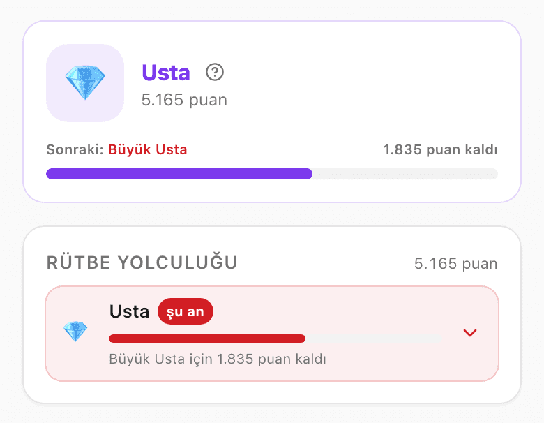 Rütbe kartı ve rütbe yolculuğu: bir sonraki basamağa kalan puan