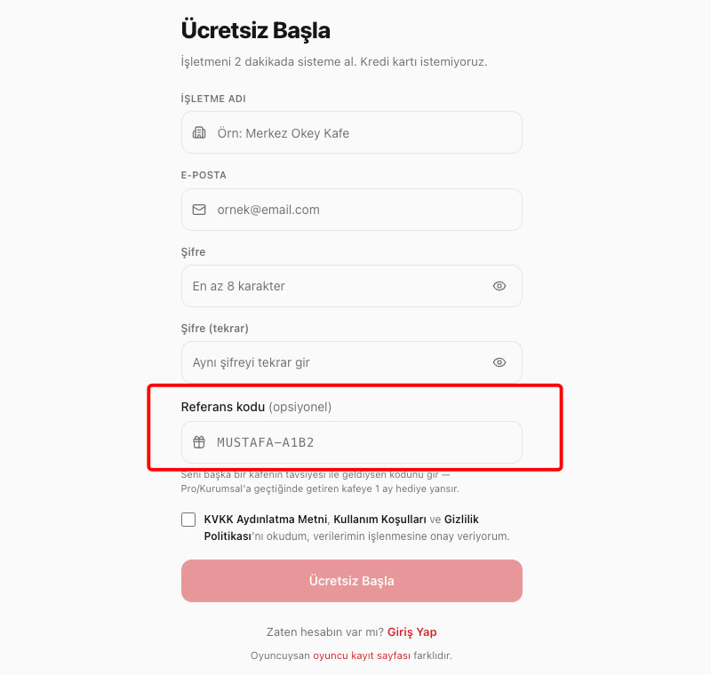 Kayıt formunda referans kodu alanı