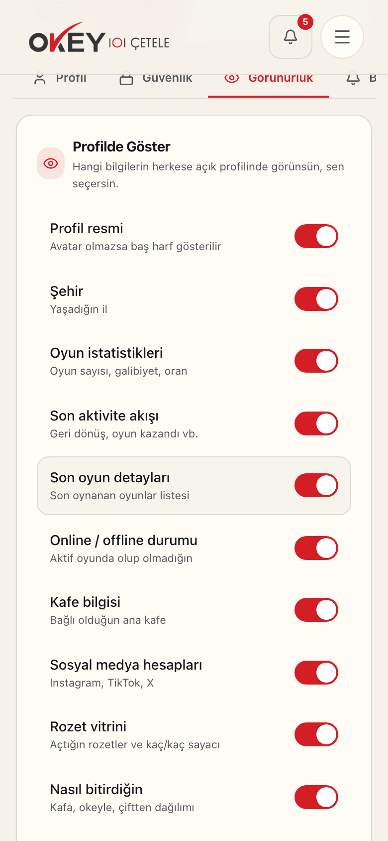 Profil → Hesap → Görünürlük: profilde gösterilecekleri tek tek açıp kapatma