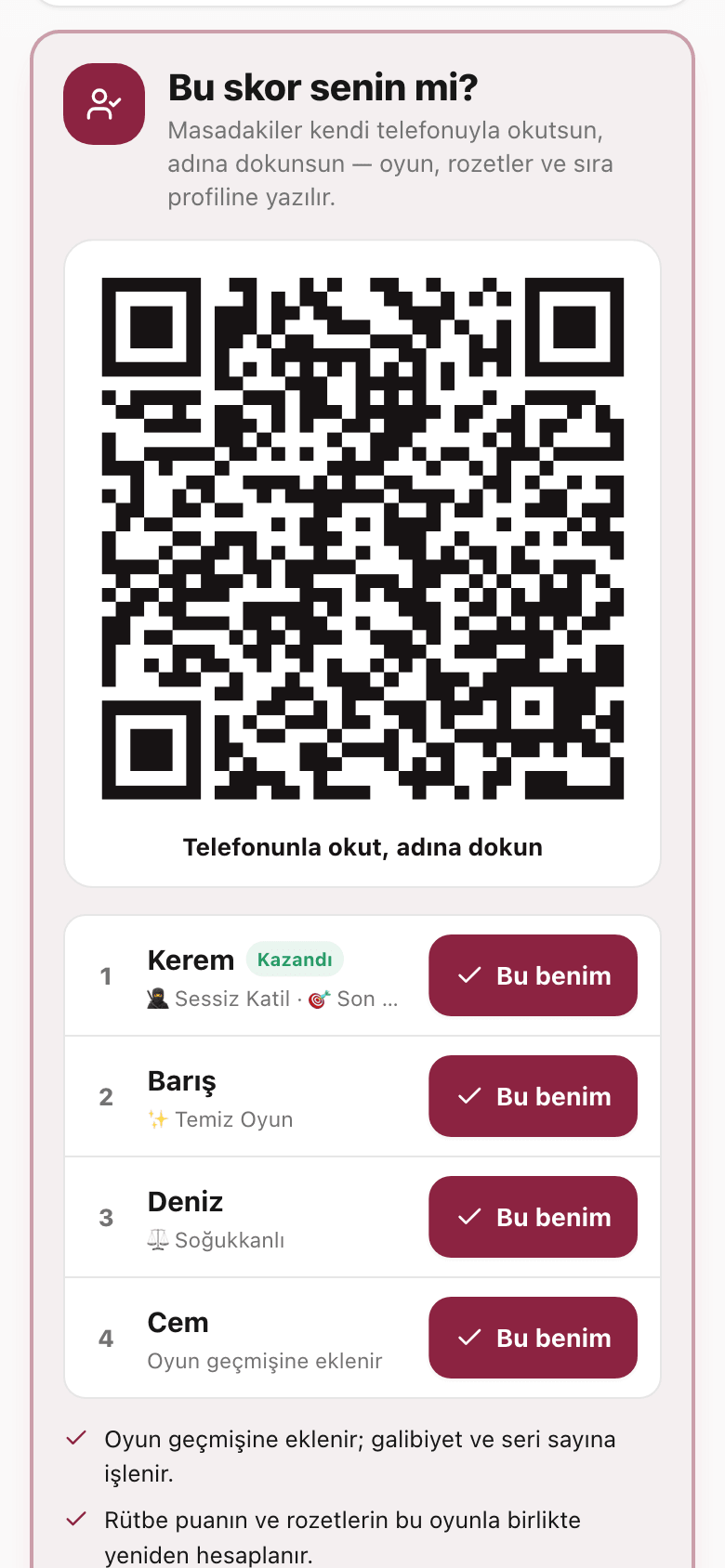Oyun özeti: Bu skor senin mi? — QR ve oyuncuların adları