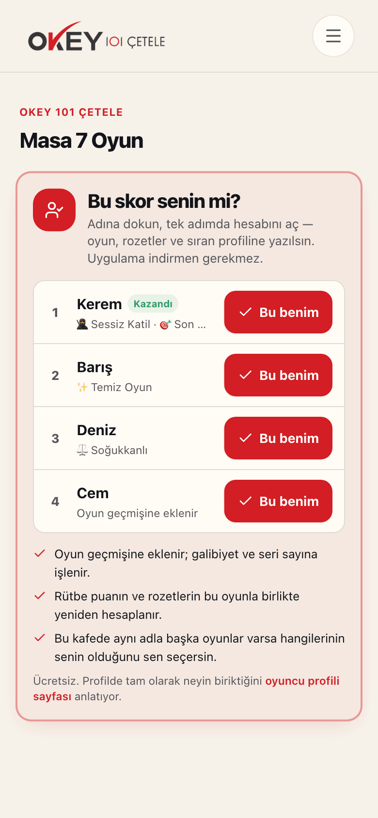 Kendi telefonunda: adlar ve "Bu benim" düğmeleri