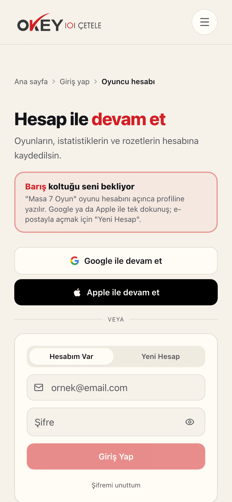 Hesap ile devam et: koltuğun seni bekliyor — Google, Apple ya da e-posta